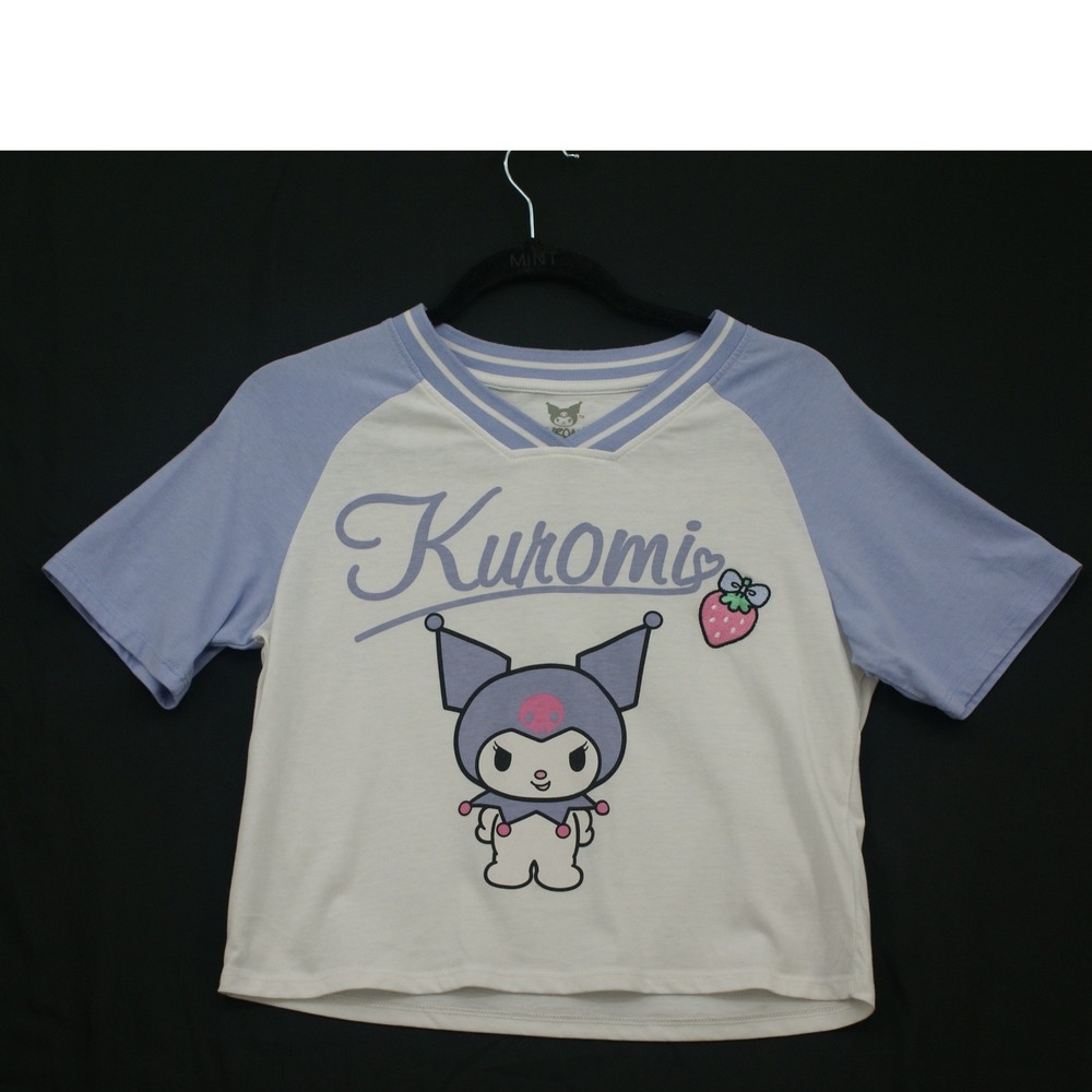 Kuromi Sanrio Womens XS Raglan Graphic Tee Lavender Strawberry Kawaii 2025ba